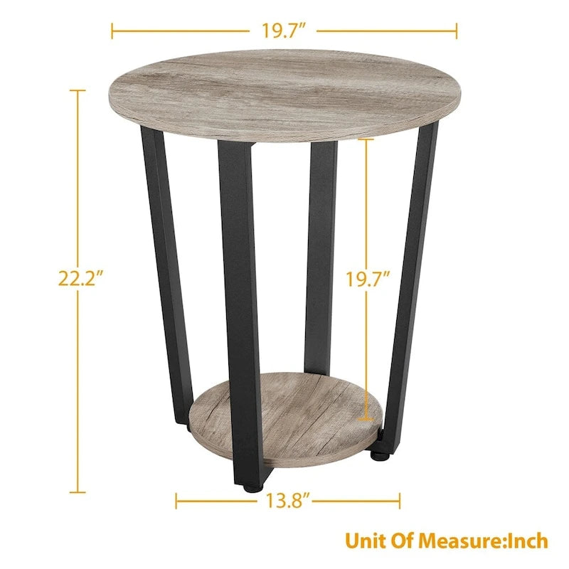 Table d'appoint ronde en métal avec étagère de rangement, plateau de 50,8 cm, capacité de 90 kg, pieds réglables, style industriel rustique