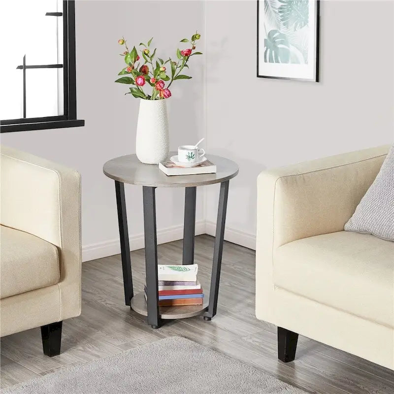Table d'appoint ronde en métal avec étagère de rangement, plateau de 50,8 cm, capacité de 90 kg, pieds réglables, style industriel rustique