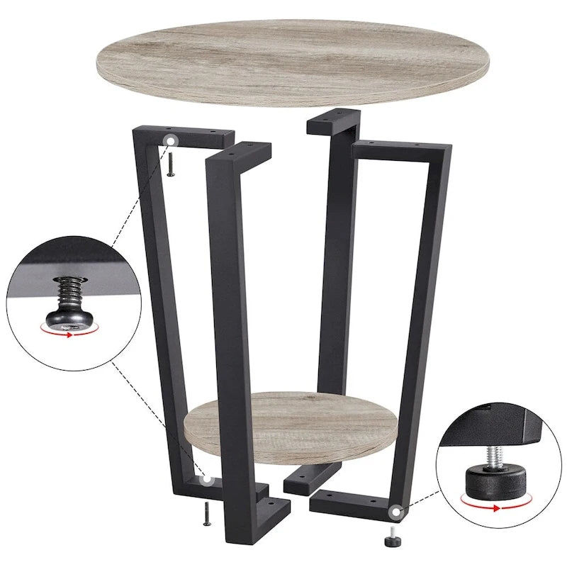 Table d'appoint ronde en métal avec étagère de rangement, plateau de 50,8 cm, capacité de 90 kg, pieds réglables, style industriel rustique
