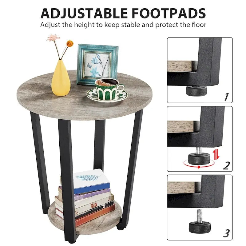 Table d'appoint ronde en métal avec étagère de rangement, plateau de 50,8 cm, capacité de 90 kg, pieds réglables, style industriel rustique