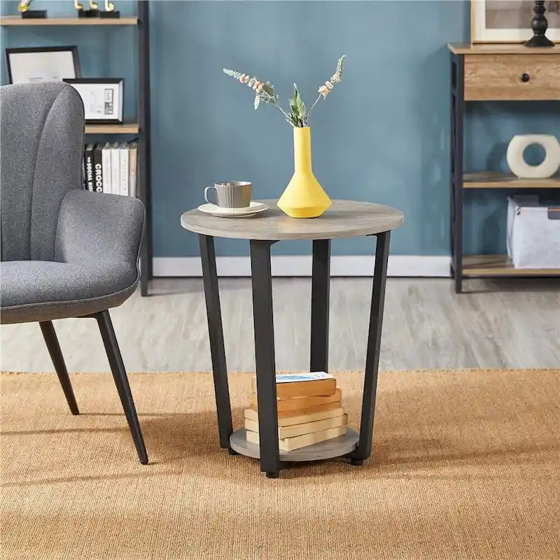 Table d'appoint ronde en métal avec étagère de rangement, plateau de 50,8 cm, capacité de 90 kg, pieds réglables, style industriel rustique