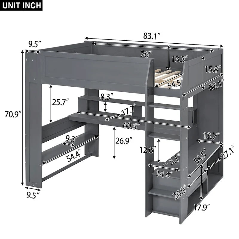 Lit mezzanine pleine grandeur avec bureau intégré, lumières LED, station de chargement USB, étagères de rangement multiples, cadre en bois 272 kg Gris foncé