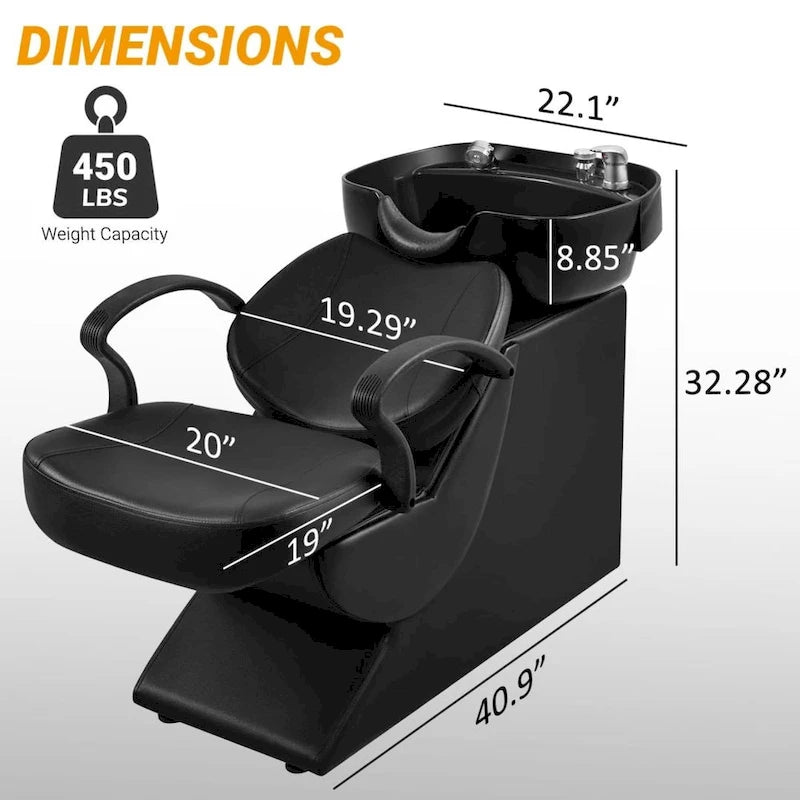 Fauteuil de lavage pour salon, bac ABS inclinable, mousse haute densité, douchette, noir/noir mat