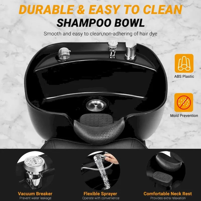Fauteuil de lavage pour salon, bac ABS inclinable, mousse haute densité, douchette, noir/noir mat