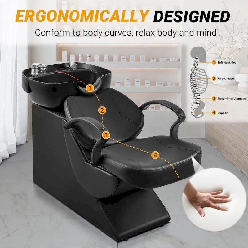 Fauteuil de lavage pour salon, bac ABS inclinable, mousse haute densité, douchette, noir/noir mat