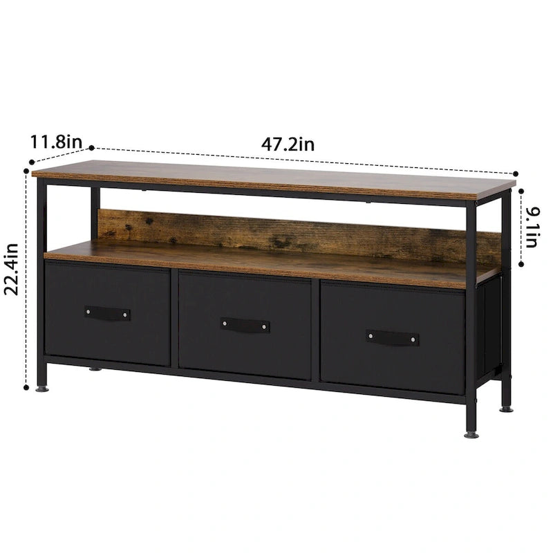 Meuble TV pour téléviseurs jusqu'à 55", 3 tiroirs en tissu, 2 étagères, MDF et métal, plateau de 150 lb, 47,3" L, Noir