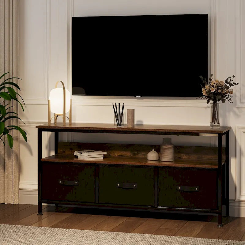 Meuble TV pour téléviseurs jusqu'à 55", 3 tiroirs en tissu, 2 étagères, MDF et métal, plateau de 150 lb, 47,3" L, Noir