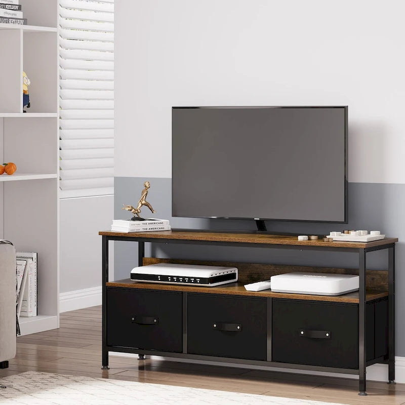 Meuble TV pour téléviseurs jusqu'à 55", 3 tiroirs en tissu, 2 étagères, MDF et métal, plateau de 150 lb, 47,3" L, Noir