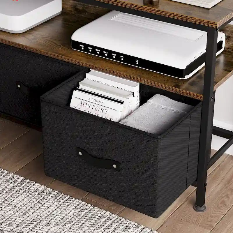 Meuble TV pour téléviseurs jusqu'à 55", 3 tiroirs en tissu, 2 étagères, MDF et métal, plateau de 150 lb, 47,3" L, Noir