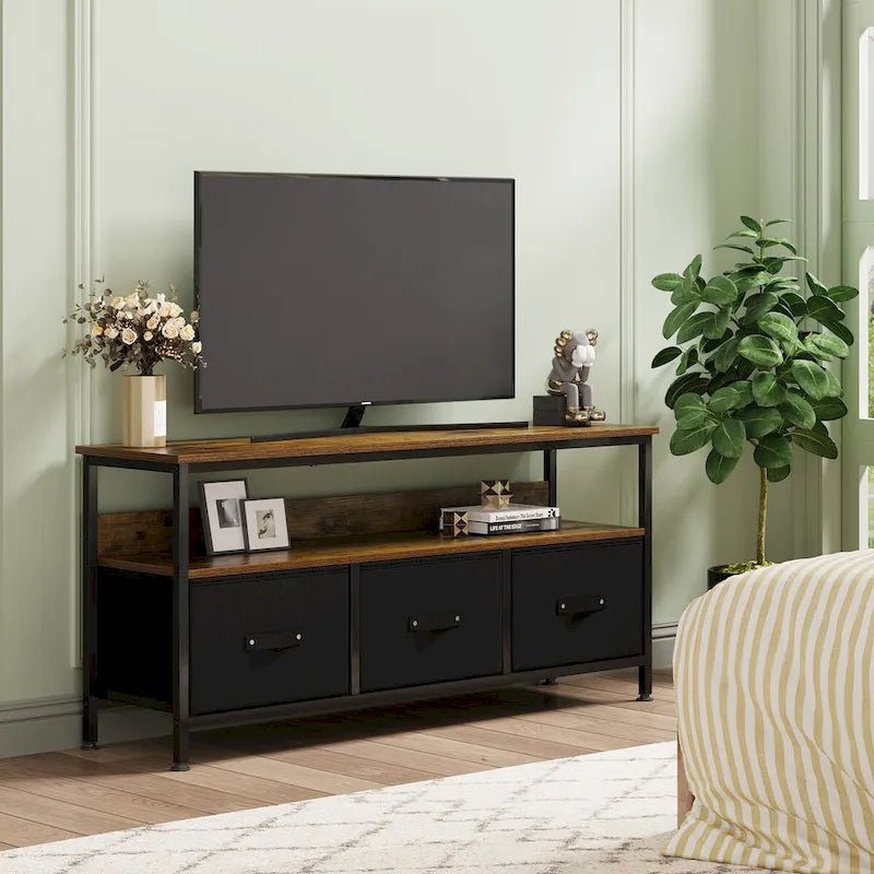 Meuble TV pour téléviseurs jusqu'à 55", 3 tiroirs en tissu, 2 étagères, MDF et métal, plateau de 150 lb, 47,3" L, Noir