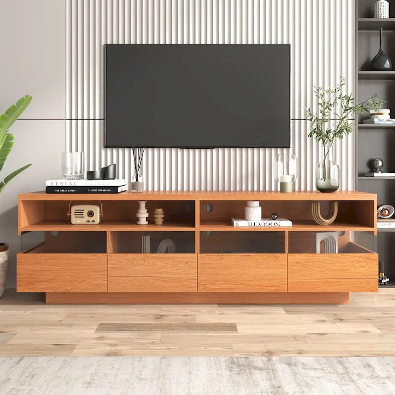 Meuble TV pour téléviseurs jusqu'à 75", Meuble console média de 175 cm de large avec 4 tiroirs et 2 compartiments ouverts, Finition grain de bois, Capacité de charge supérieure de 100 kg
